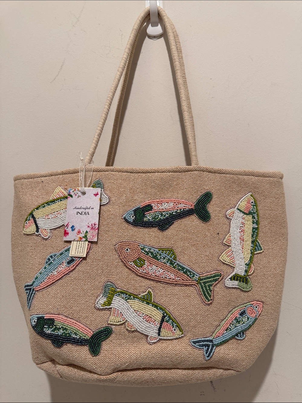 Beige Tote with Multicolor Beaded Fish Appliquรฉs - Handmade in India